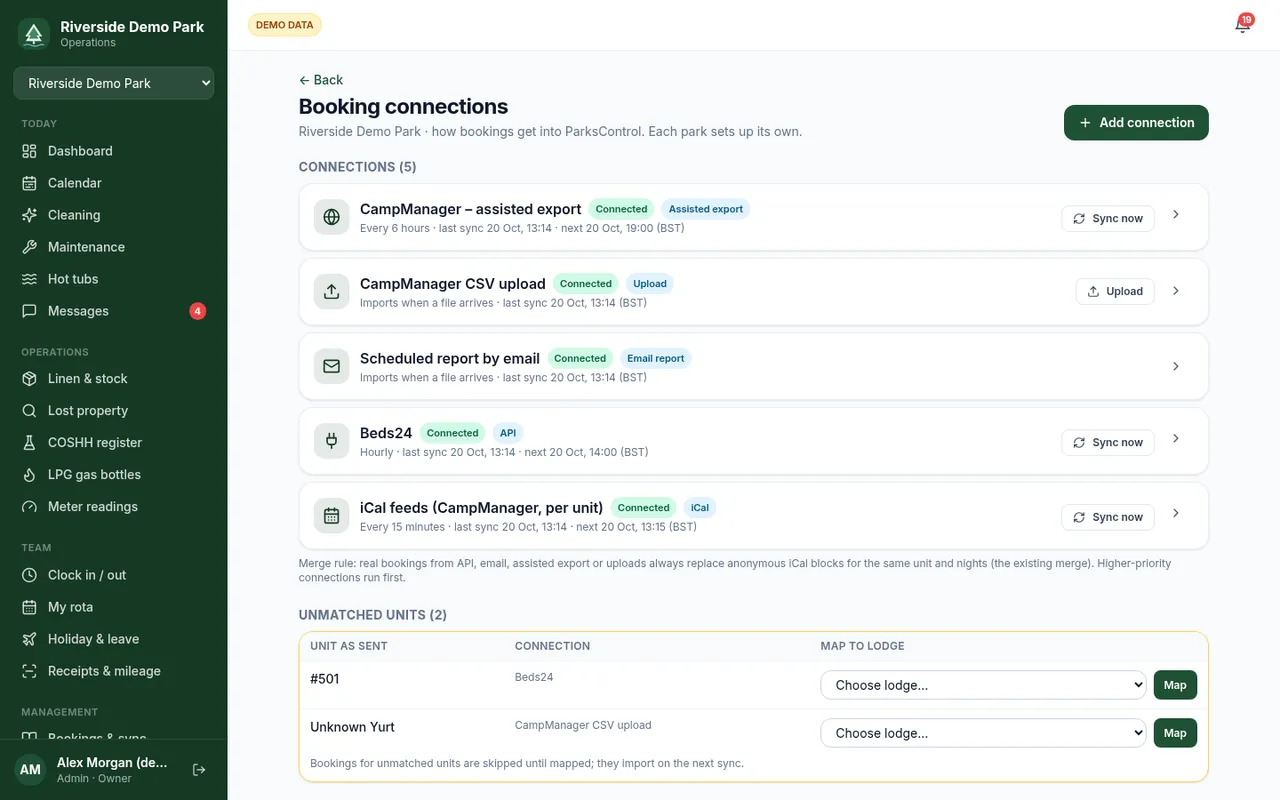 Booking connections page listing CampManager, CSV upload, scheduled email report, Beds24 and iCal connections with sync status (demo data)