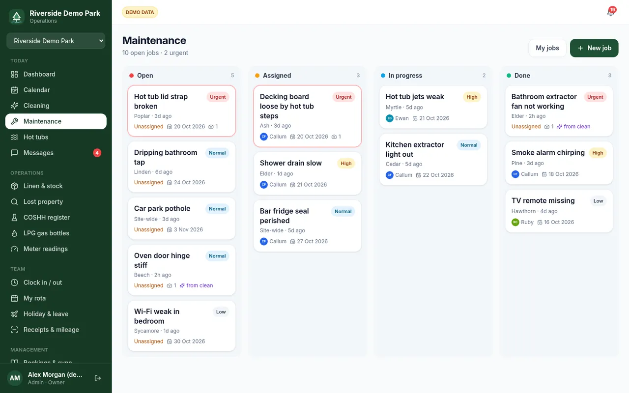 Maintenance board with open, assigned, in progress and done columns (demo data)