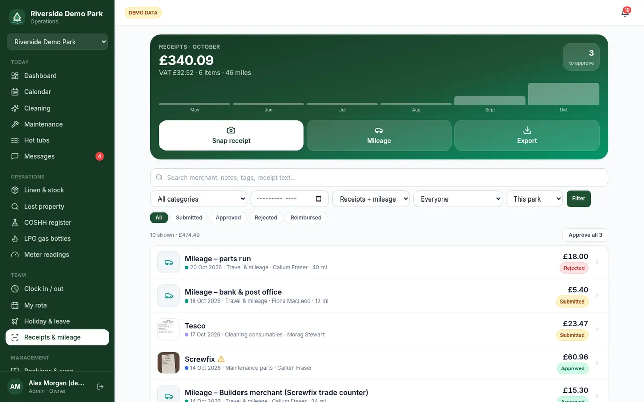 Receipts list with totals, VAT, categories and approval status (demo data)