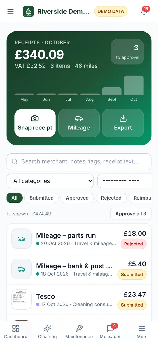 Receipts on a phone with Snap receipt, Mileage and Export buttons (demo data)