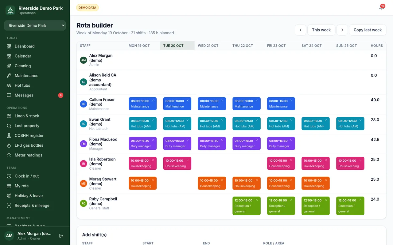 Weekly rota builder grid (demo data)