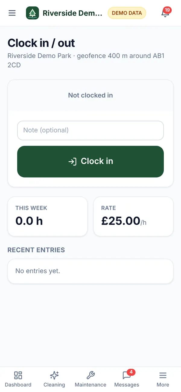 Clock in and out screen on a phone (demo data)